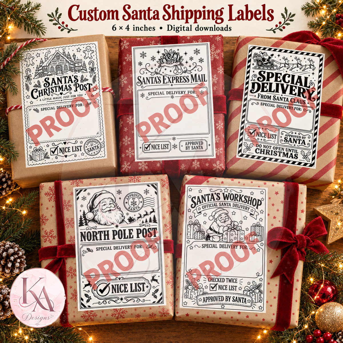 5 x Custom Santa Shipping Label Templates - Digital download